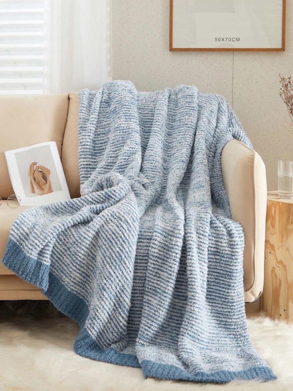 Artisan Cozy Knit Throw Blanket Soft Textured Stripe Coastal Beach Cottage NWT